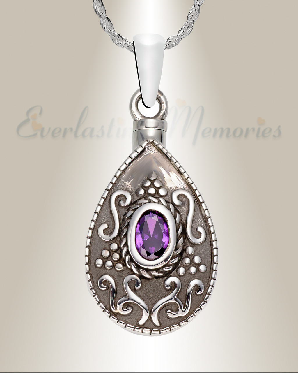 Silver Teardrop With Rhinestones & Purple Gemstone - Ash Necklace –  Cherished Emblems