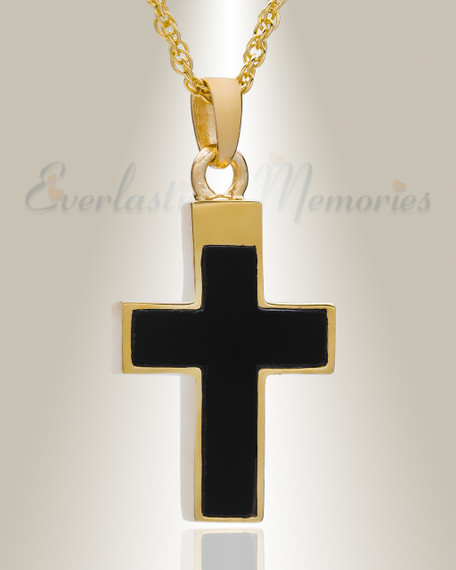 14K Gold Cross with Onyx Stone Urn Necklace