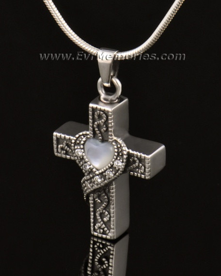 14k White Gold Heart Cross Memorial Pendant