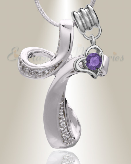 Silver February Forever Cross Cremation Jewelry