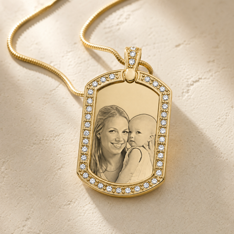 Gold Plated over Stainless Steel Jeweled Portrait Dog Tag Photo Pendant