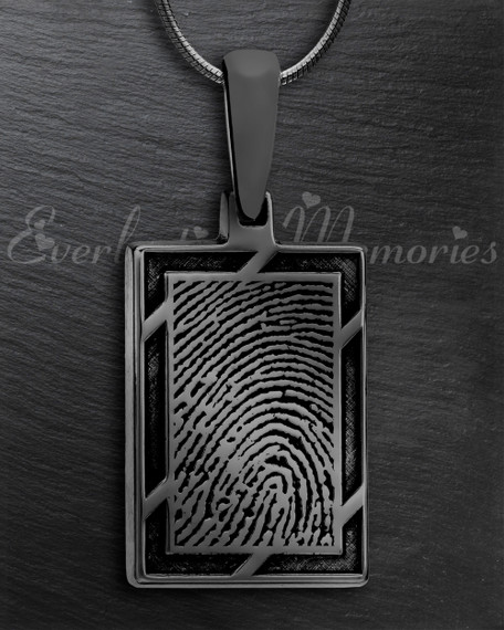 Black Plated Framed Rectangle Fingerprint Necklace