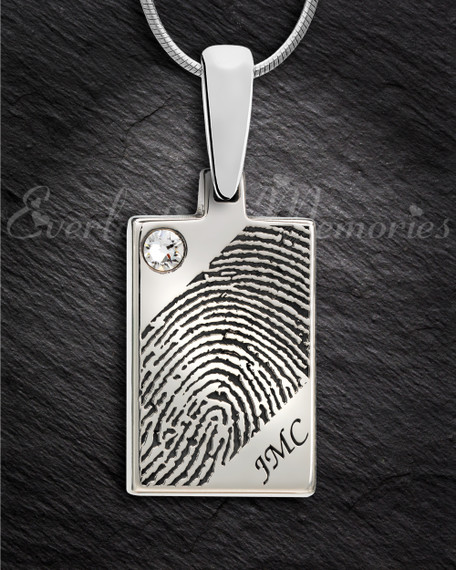 Solid 14k White Gold Birthstone Rectangle Fingerprint Necklace