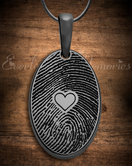 Black Plated Sterling Silver Loved Oval Fingerprint Necklace