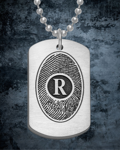 Brushed Thick Stainless Dog Tag with Initial Fingerprint Necklace