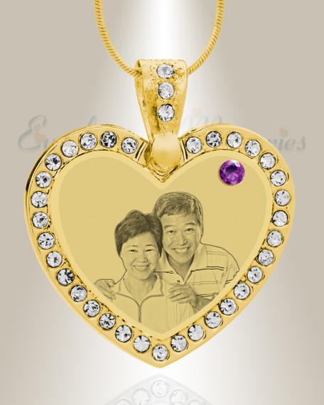 Birthstone Gem Heart February Photo Engraved Gold Plated over Stainless Keepsake
