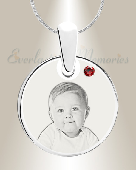 Birthstone Round January Photo Engraved Stainless Keepsake