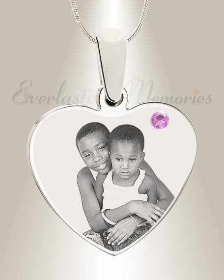 June Birthstone Heart Photo Engraved Stainless Keepsake