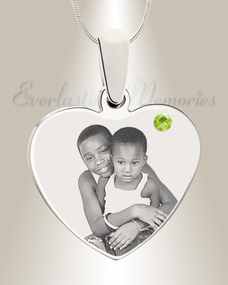 August Birthstone Heart Photo Engraved Stainless Keepsake