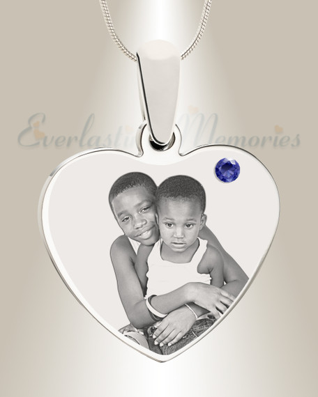 September Birthstone Heart Photo Engraved Stainless Keepsake