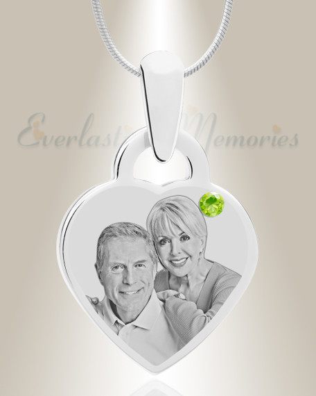 Birthstone Small Heart August Picture Engraved Stainless Keepsake