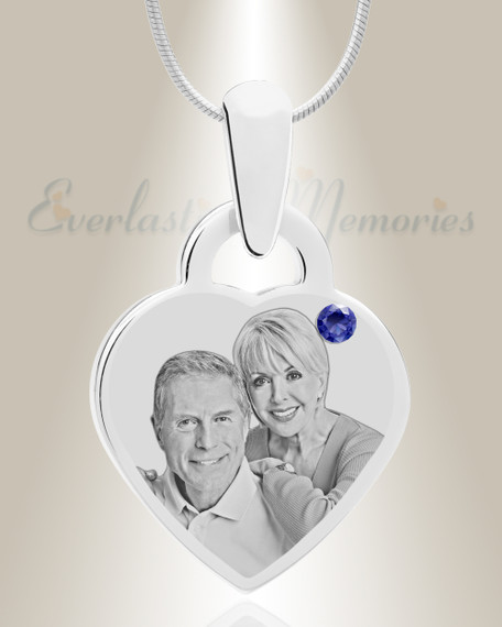 Birthstone Small Heart September Picture Engraved Stainless Keepsake
