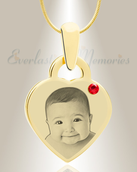 Birthstone Small Heart July Photo Engraved Gold Plated over Stainless Keepsake
