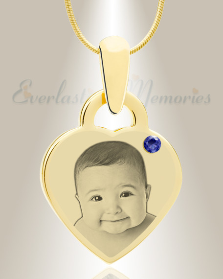 Birthstone Small Heart September Photo Engraved Gold Plated over Stainless Keepsake