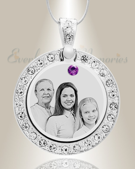 Birthstone Gem Circle February Photo Engraved Stainless Keepsake
