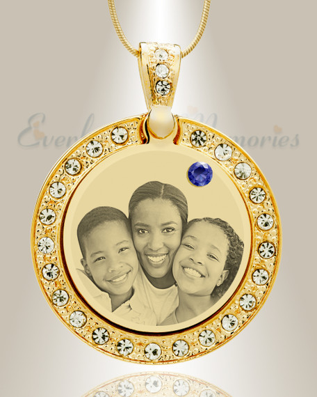 Birthstone Gem Circle September Photo Engraved Gold Plated over Stainless Keepsake