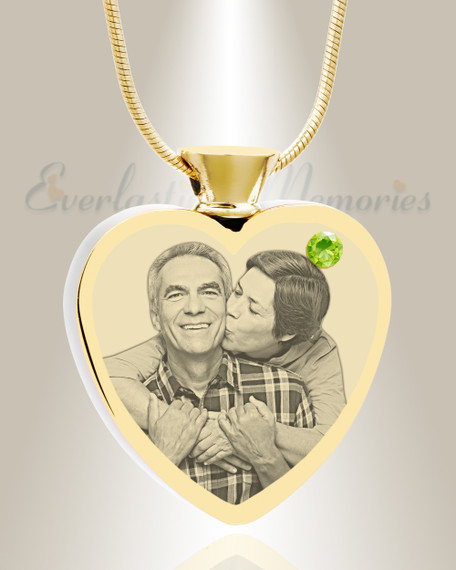 August Birthstone Heart Gold Plated Photo Engraved Ash Pendant