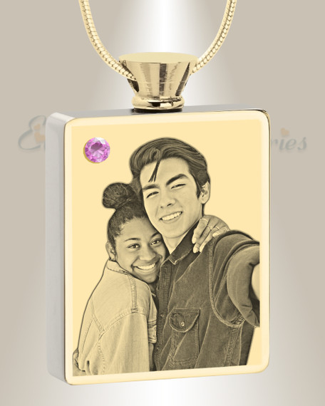 June Birthstone Rectangle Gold Plated Photo Engraved Ash Pendant