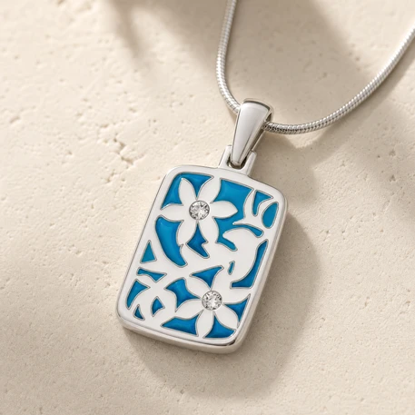 Solid 14K White Gold Flowered Rectangle Ash Resin Jewelry