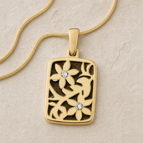Flowered Rectangle Gold Plated with Carob Ash Resin Jewelry