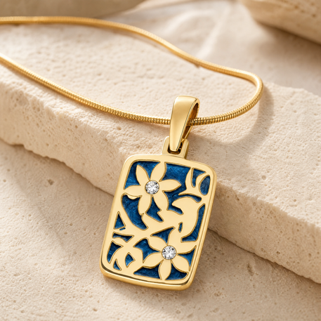 Flowered Rectangle Gold Plated with Cobalt Ash Resin Jewelry