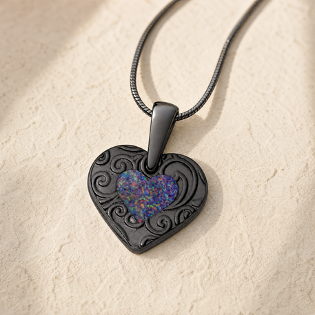 Pleasant Heart Black Finish with Black Flame Opal Ash Resin Jewelry