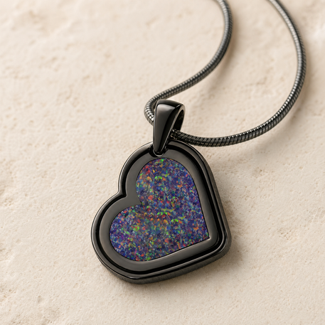 Attentive Heart Black Finish with Black Flame Opal Ash Resin Jewelry
