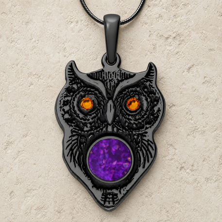 Black Finish Wise Owl Birthstone with Lilac Pearl Opal Ash Resin Jewelry