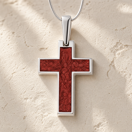 Cultured Cross Sterling Silver with Crimson Ash Resin Jewelry