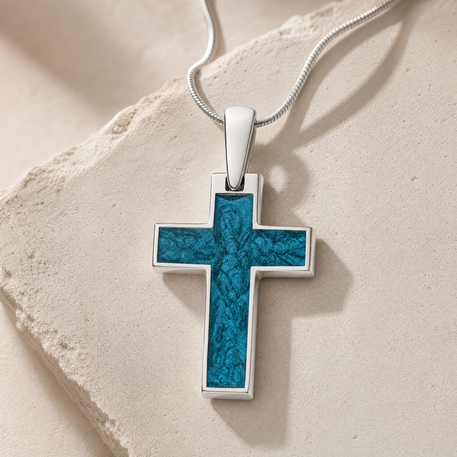 Cultured Cross Sterling Silver with Aqua Ash Resin Jewelry