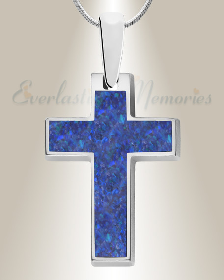 Cultured Cross Sterling Silver with Opal Blue Waters Ash Resin Jewelry