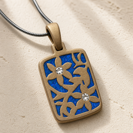 Flowered Rectangle Bronze Finish with Opal Blue Waters Ash Resin Jewelry