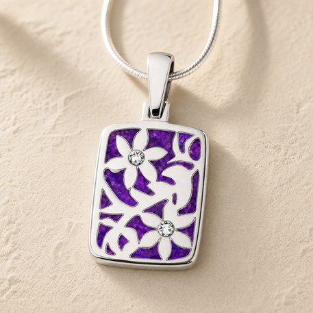 Flowered Rectangle Sterling Silver with Lilac Pearl Opal Ash Resin Jewelry