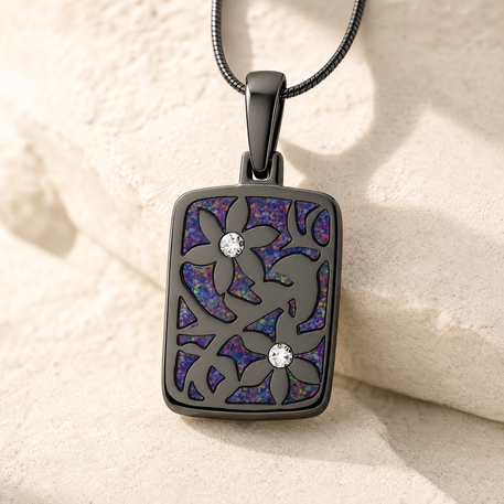 Flowered Rectangle Black Finish with Black Flame Opal Ash Resin Jewelry