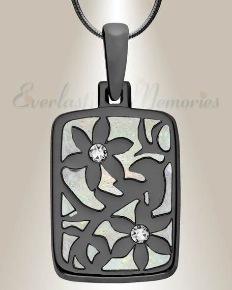 Flowered Rectangle Black Finish with Crushed Pearl Opal Ash Resin Jewelry