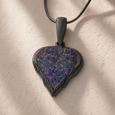 Feathered Heart Black Finish with Black Flame Opal Ash Resin Jewelry