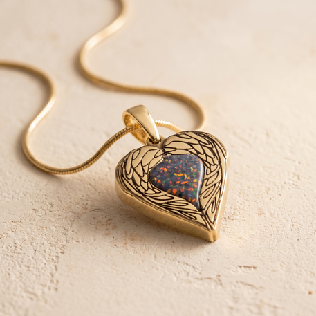 Solid 14K Gold Paradise Heart with Black Flame Opal Ash Resin Jewelry