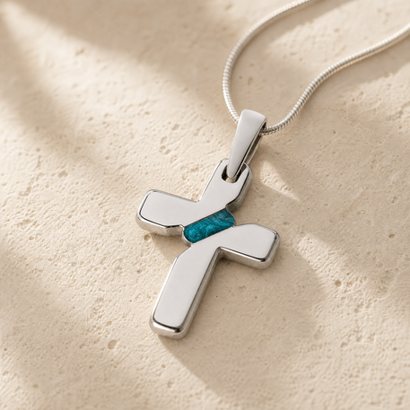 Solid 14K White Gold Honoring Cross with Aqua Ash Resin Jewelry