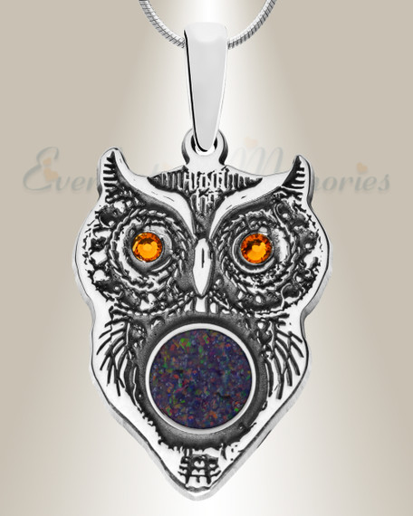 Solid 14K White Gold Wise Owl Birthstone with Black Flame Opal Ash Resin Jewelry