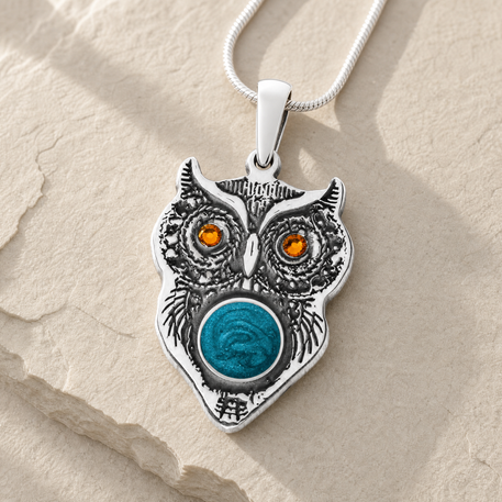 Solid 14K White Gold Wise Owl Birthstone with Aqua Ash Resin Jewelry