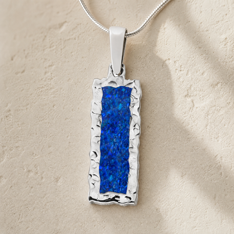 Solid 14K White Gold Lasting Long Rectangle with Opal Blue Waters Ash Resin Jewelry