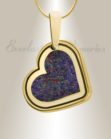 Solid 14K Gold Attentive Heart with Black Flame Opal Ash Resin Jewelry