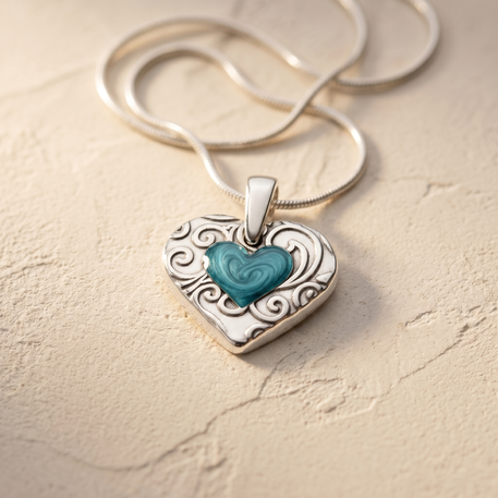 Solid 14K White Gold Pleasant Heart with Aqua Ash Resin Jewelry