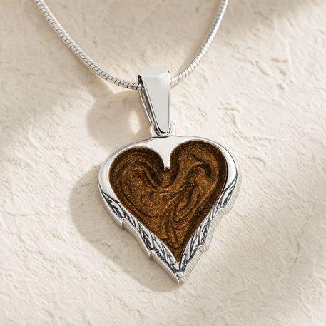Solid 14K White Gold Feathered Heart with Carob Ash Resin Jewelry