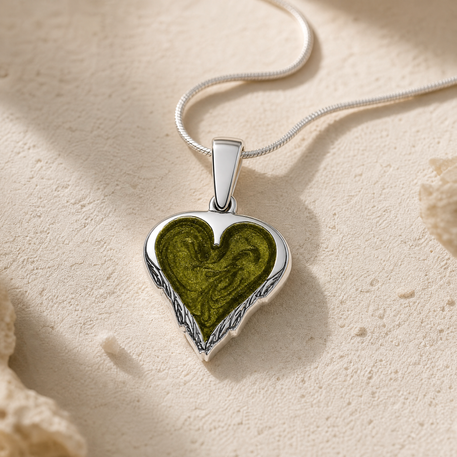 Solid 14K White Gold Feathered Heart with Sage Ash Resin Jewelry