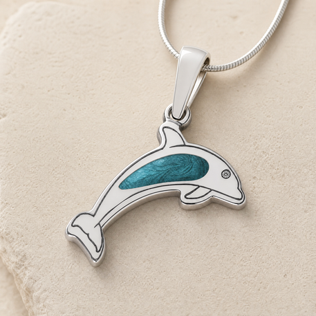 Solid 14K White Gold Jubilant Dolphin with Aqua Ash Resin Jewelry