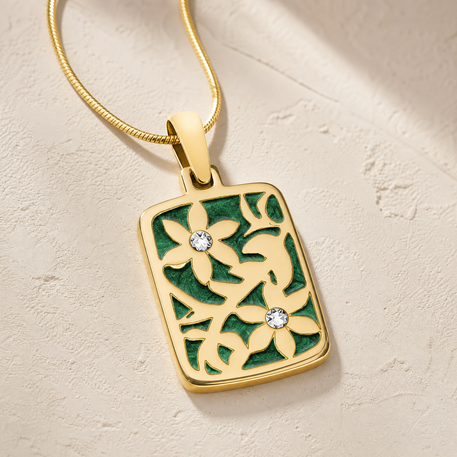Solid 14K Gold Flowered Rectangle with Seafoam Ash Resin Jewelry