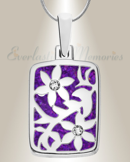 Solid 14K White Gold Flowered Rectangle with Lilac Pearl Opal Ash Resin Jewelry