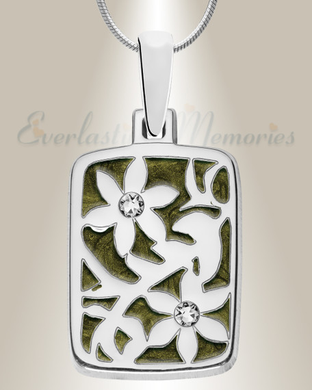 Solid 14K White Gold Flowered Rectangle with Sage Ash Resin Jewelry