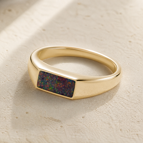 Solid 14K Gold Men's Desoto Ash Ring with Black Flame Opal